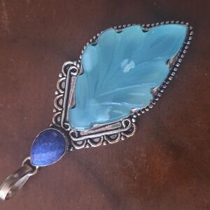 Silver Plate Blue Chalcedony & Raw Sapphire Pendant with Leaf Carving